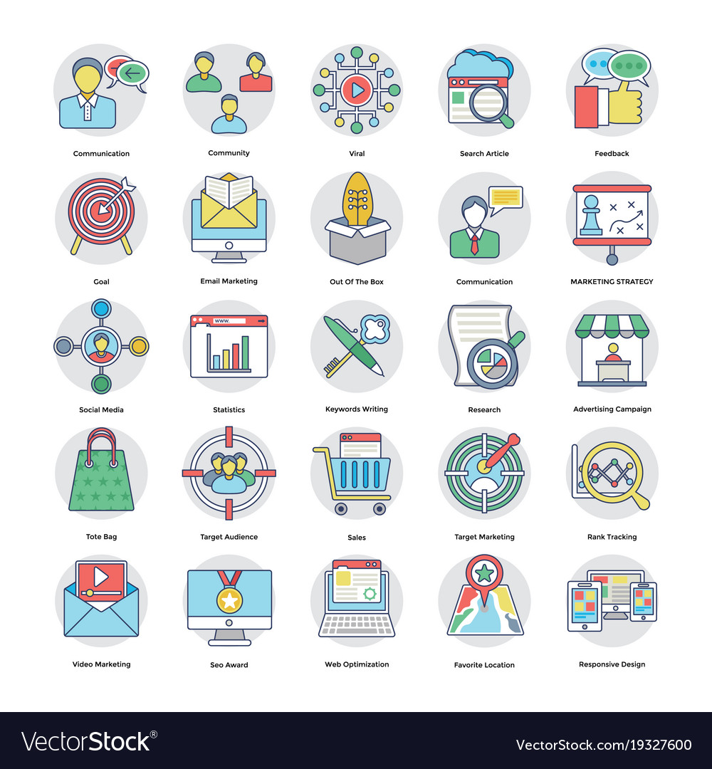 Flat icons set digital and internet mar Royalty Free Vector