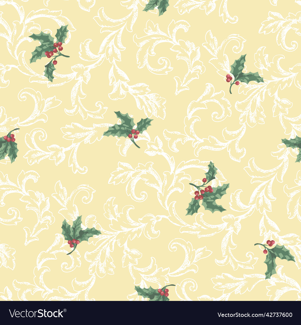 Hollies on a scroll background allover repeat vector image Hollies on a scroll background allover repeat