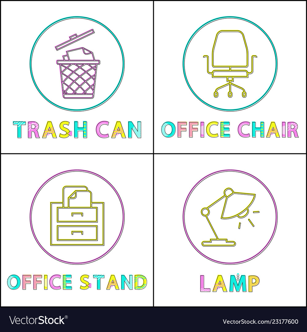 Office environment elements round linear icons set vector image Office environment elements round linear icons set
