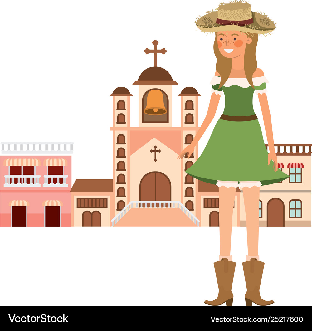 Woman farmer with background houses Royalty Free Vector