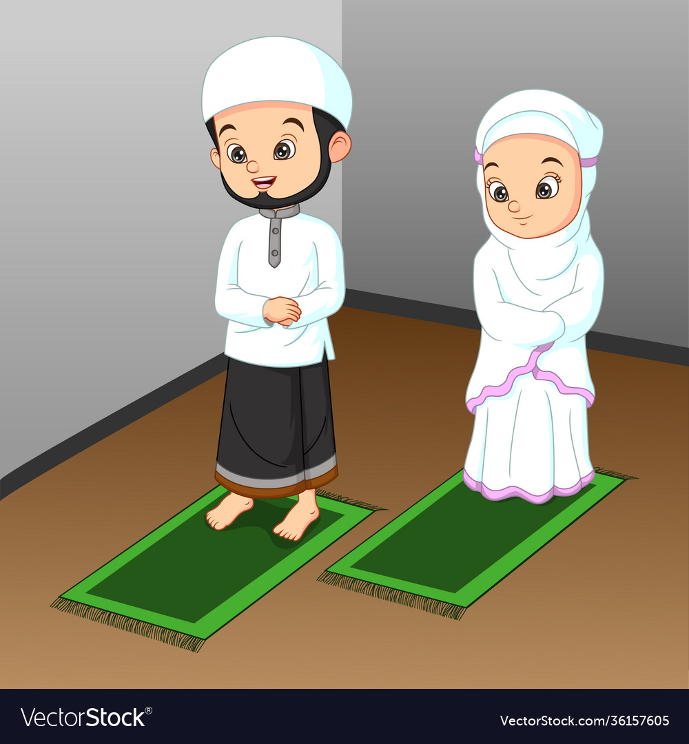 Cartoon Muslim Men And Women Praying Royalty Free Vector