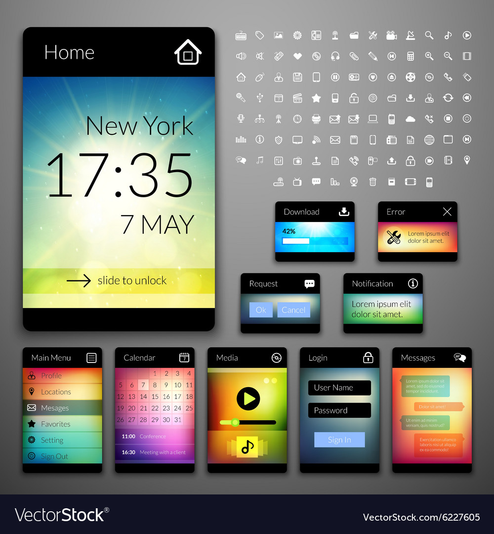 Mobile interface elements with colorful wallpaper Vector Image