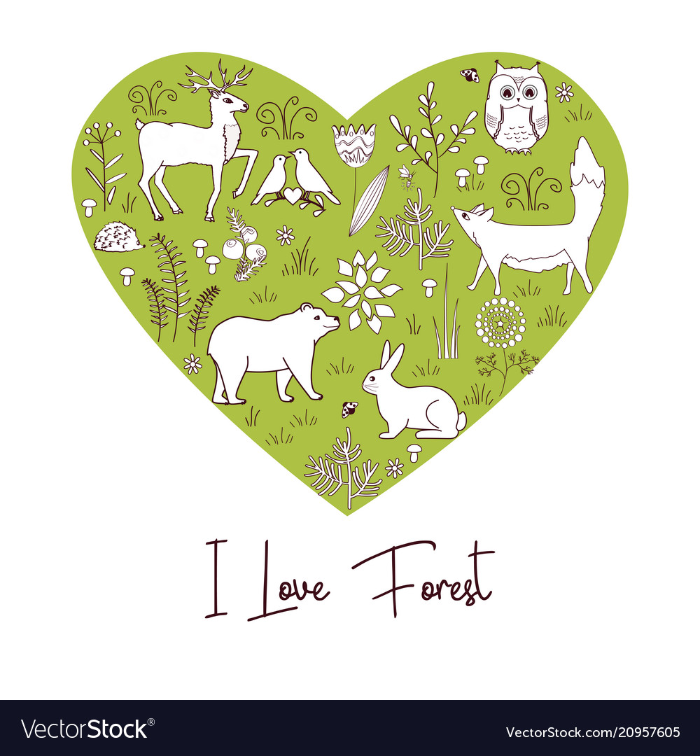 Vintage heart shape with forest animals and plants