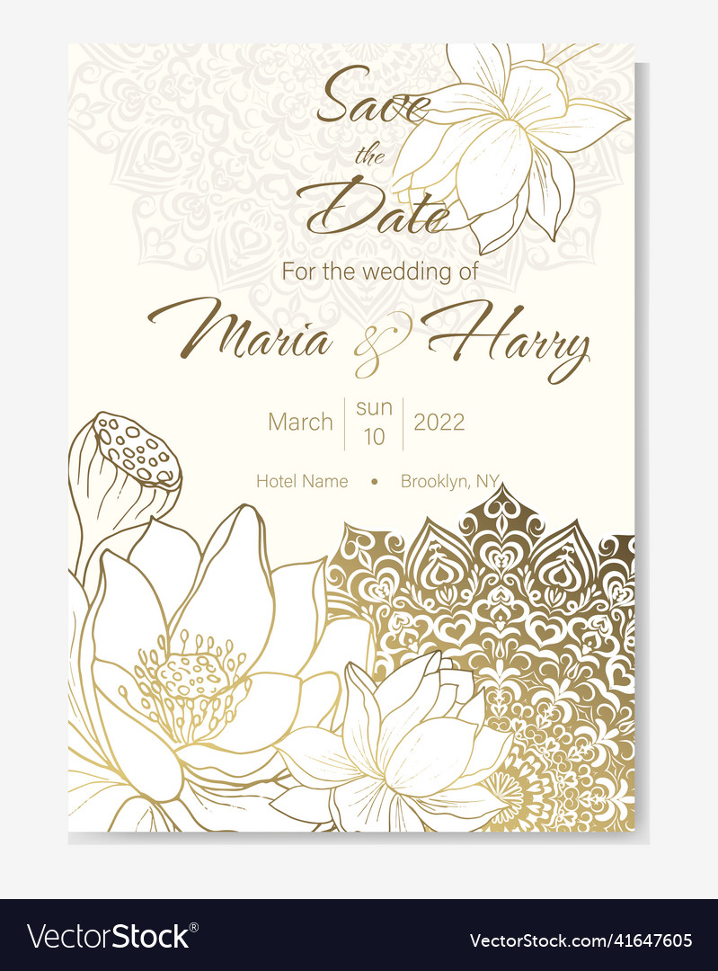 Wedding card save the date with gold outline lotus