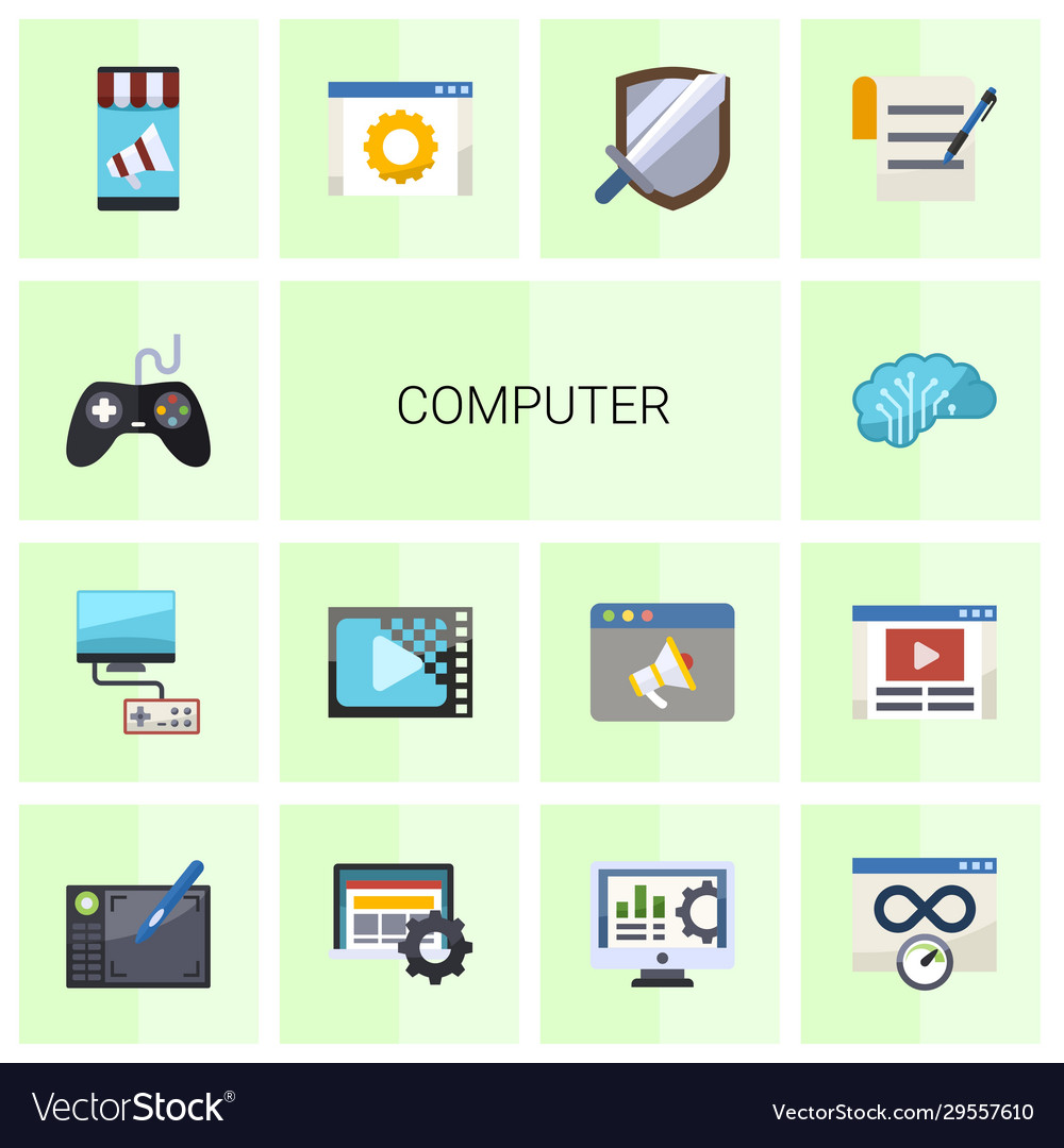 14 computer flat icons set isolated on white
