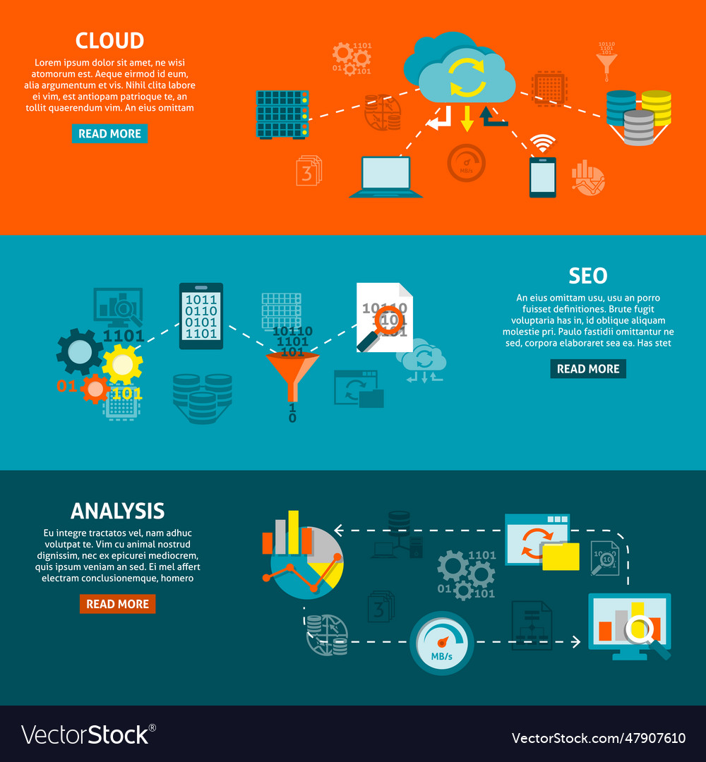 Database analytics flat horizontal banners set vector image Database analytics flat horizontal banners set