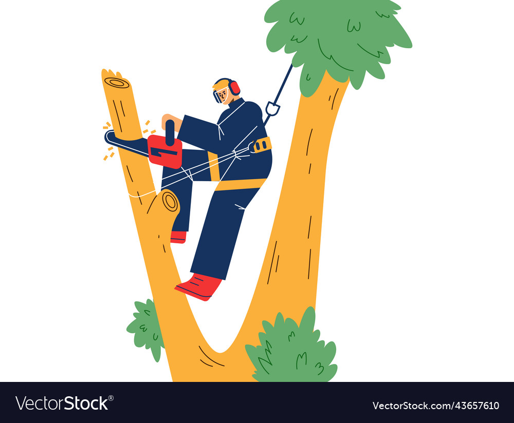 Gardener workman trimming huge trees flat cartoon