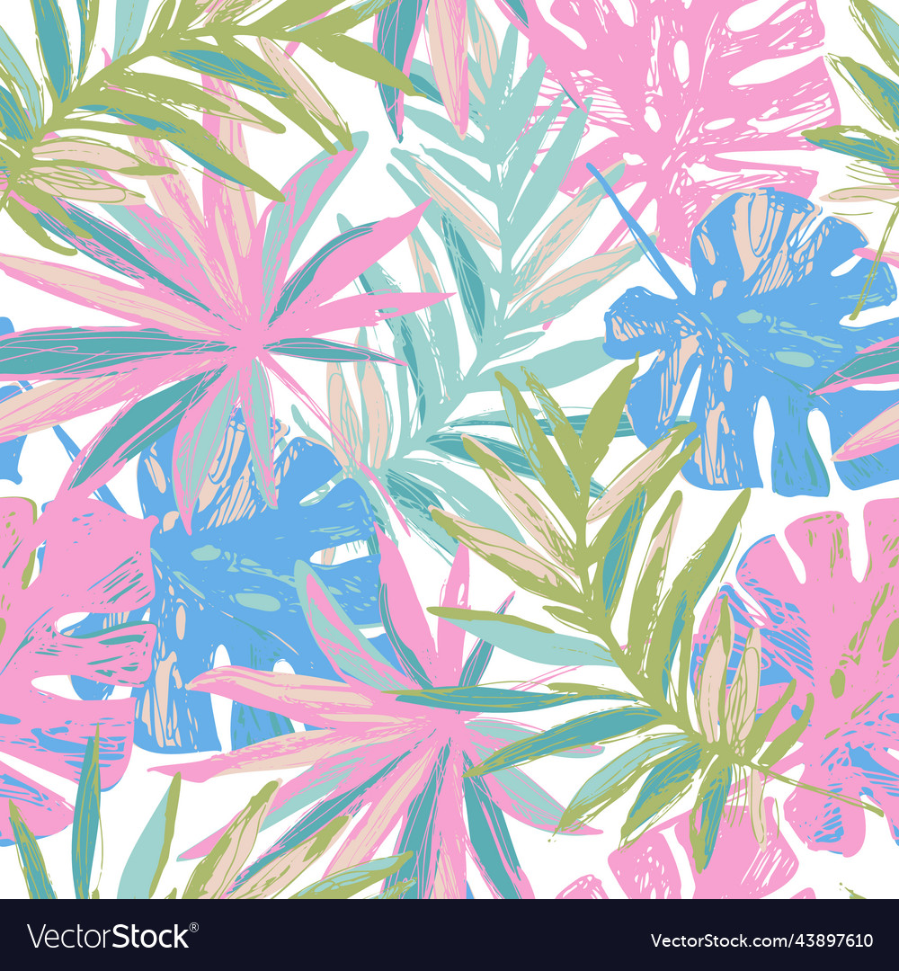 Hand Drawn Tropical Leaves Background Colorful Vector Image