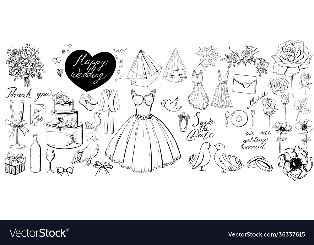 Big set with wedding elements objects isolated vector image Big set with wedding elements objects isolated