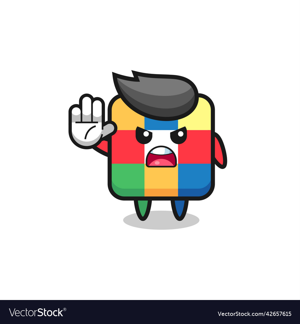 Cube puzzle character doing stop gesture