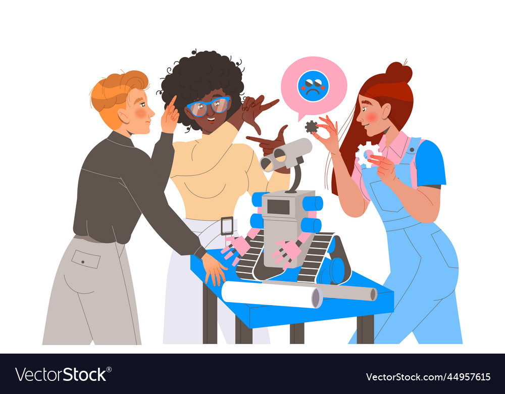 Robotics programming with man and woman engineer Vector Image Robotics programming with man and woman engineer