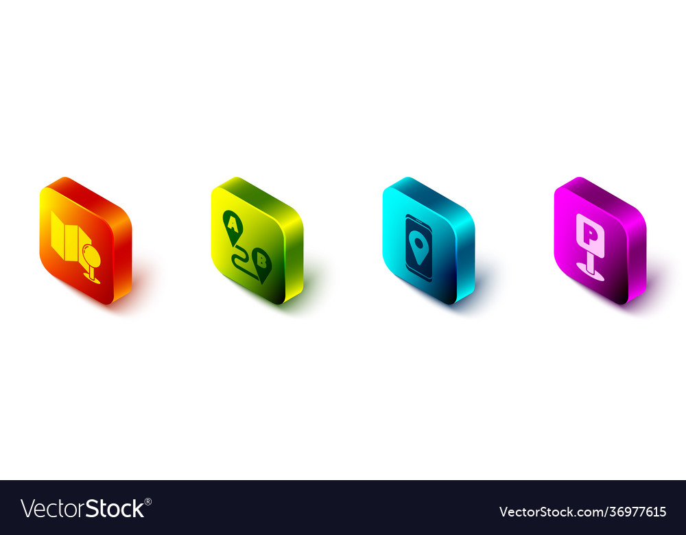 Set isometric folded map with push pin route vector image Set isometric folded map with push pin route