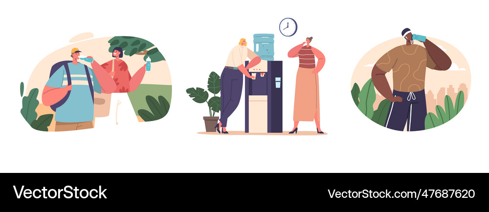 Characters drink water to stay hydrated Royalty Free Vector