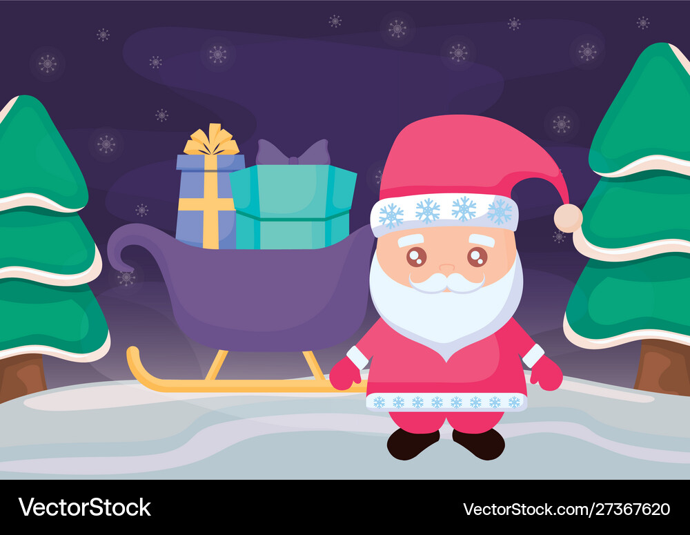 Santa claus with sled and gift boxes on winter Vector Image