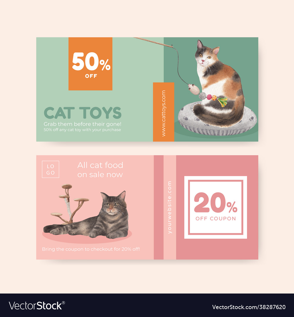 Voucher template with cute cat concept watercolor Vector Image