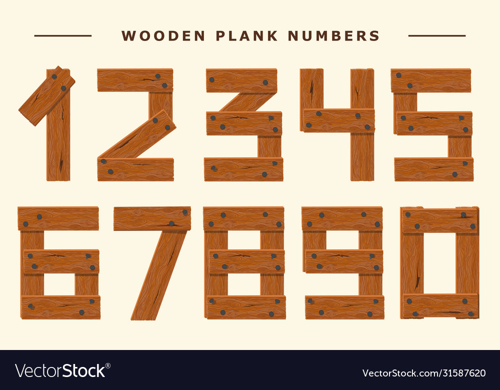 Wood number set wooden plank numeric font held Vector Image