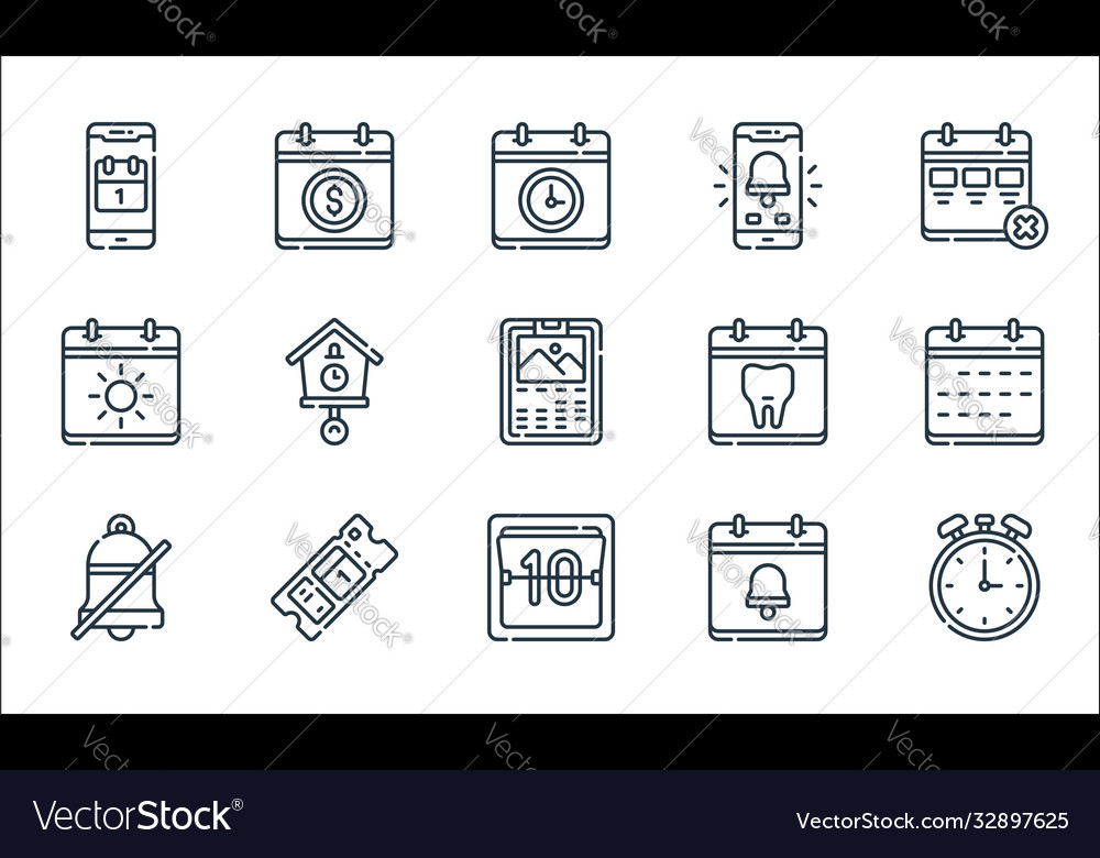 Calendar and date line icons linear set quality vector image Calendar and date line icons linear set quality