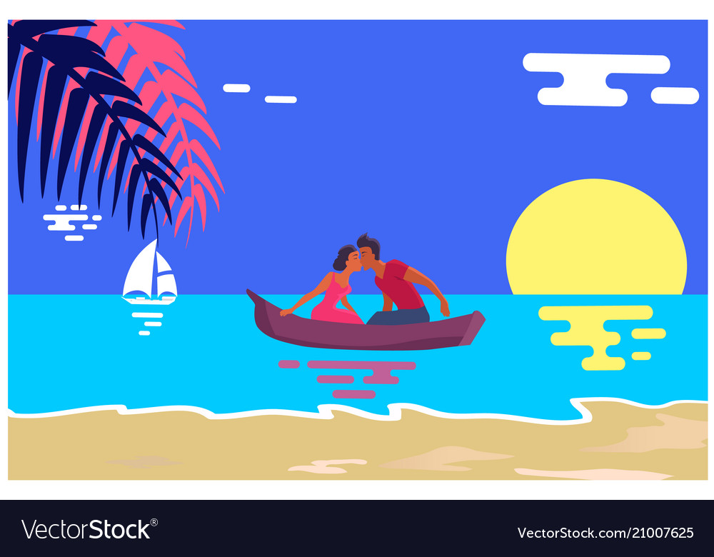 Summer love banner with kissing couple in boat