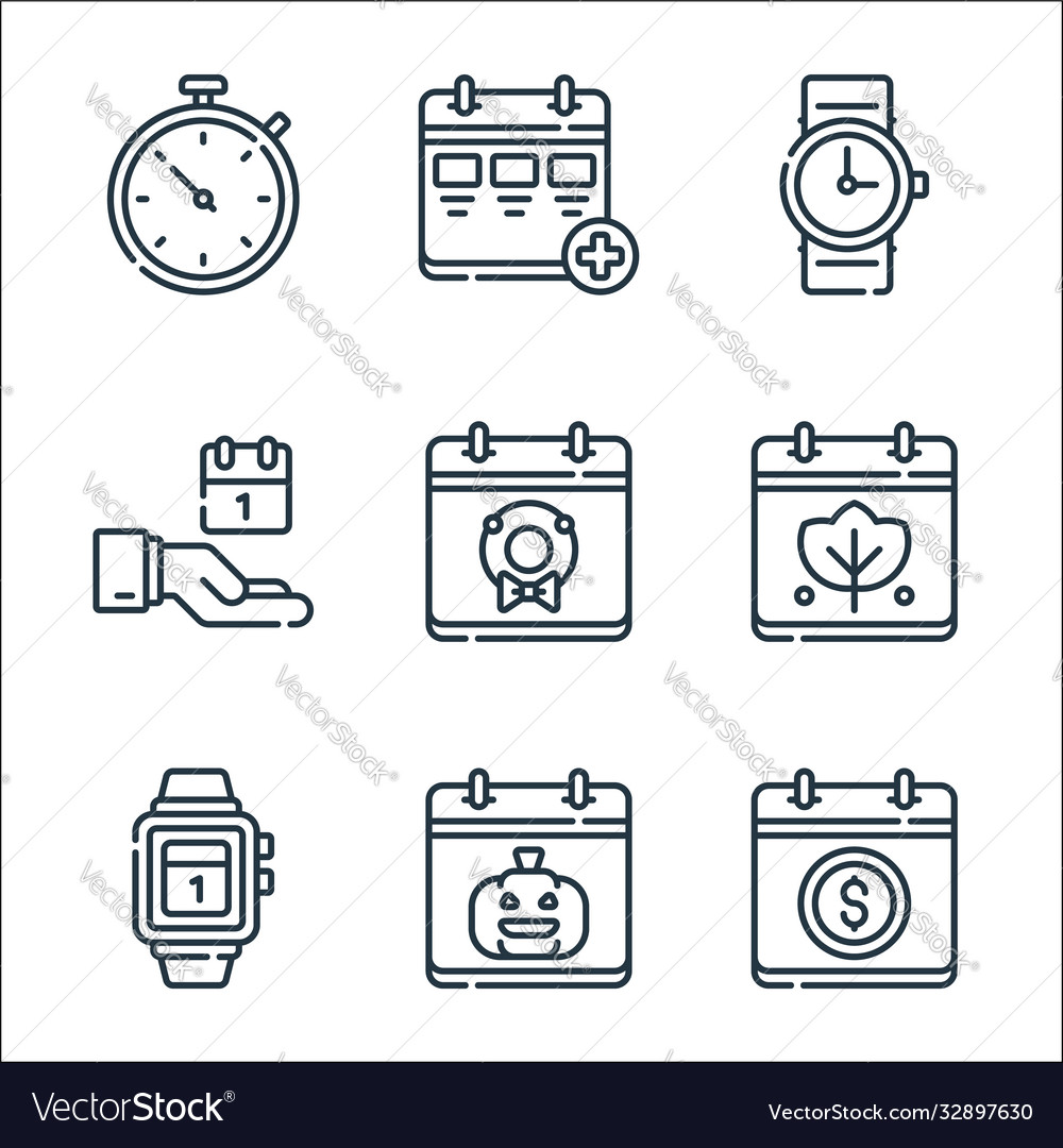Calendar and date line icons linear set quality vector image Calendar and date line icons linear set quality