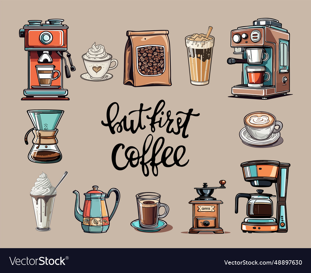 Coffee elements retro set with slogan isolated