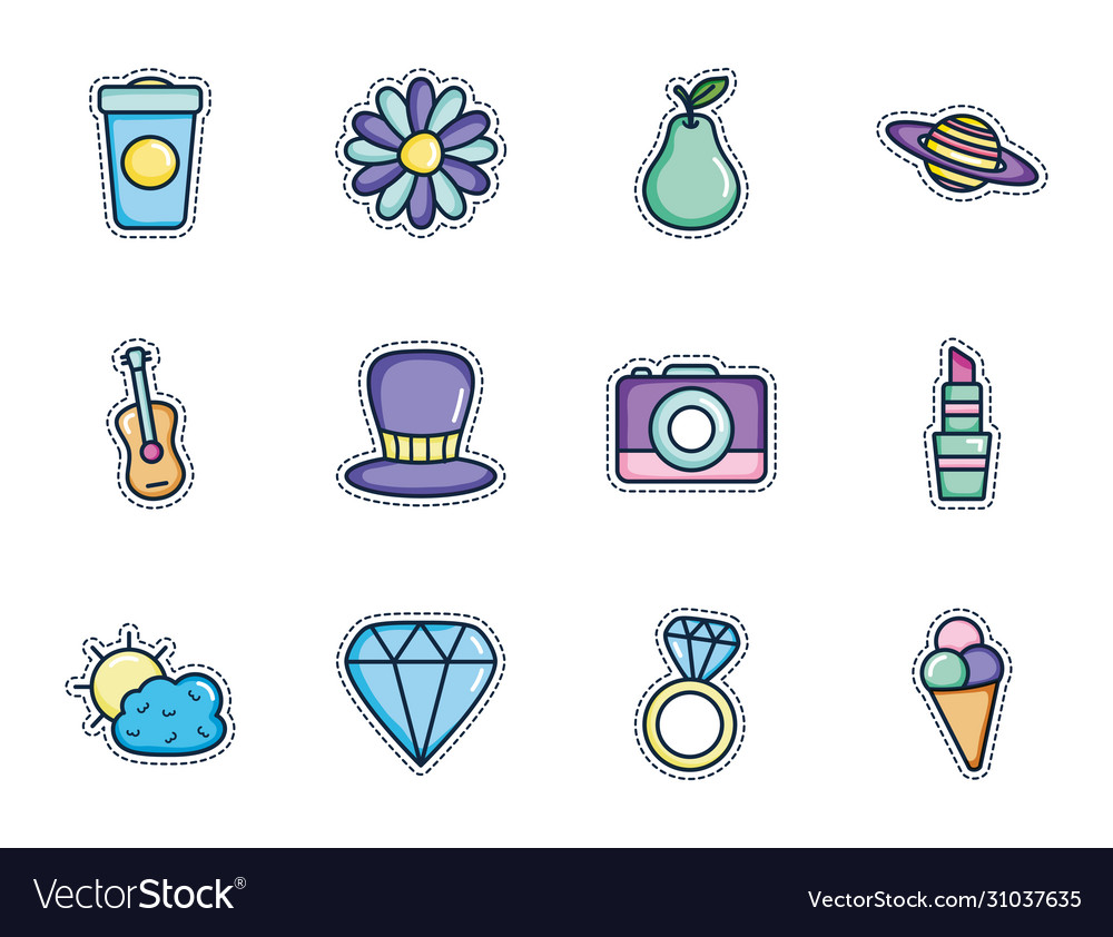 Flower and patches icon set line color style