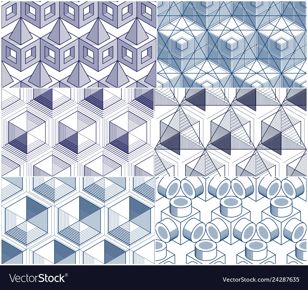Geometric 3d lines abstract seamless patterns set vector image Geometric 3d lines abstract seamless patterns set