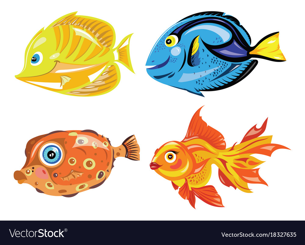 Set of cartoon fish collection cute colored