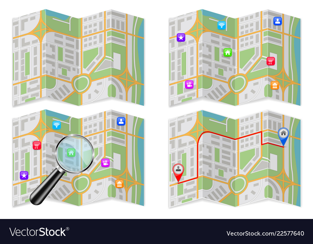 City maps collection with magnifying glass