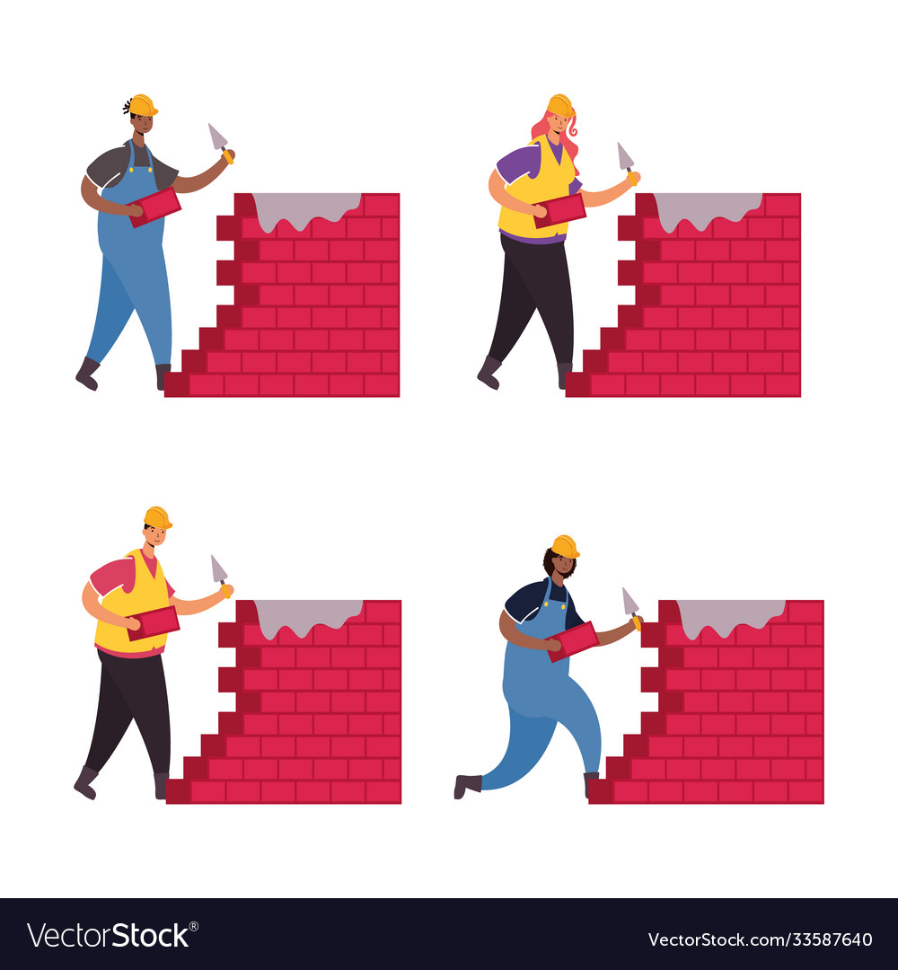 Constructors workers with bricks walls characters Vector Image Constructors workers with bricks walls characters