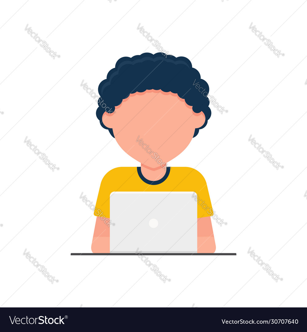 Man at his desk is working on laptop icon