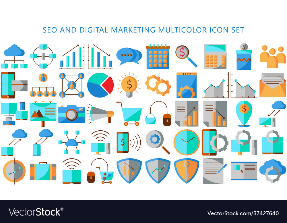 Seo and digital marketing multicolor icons set