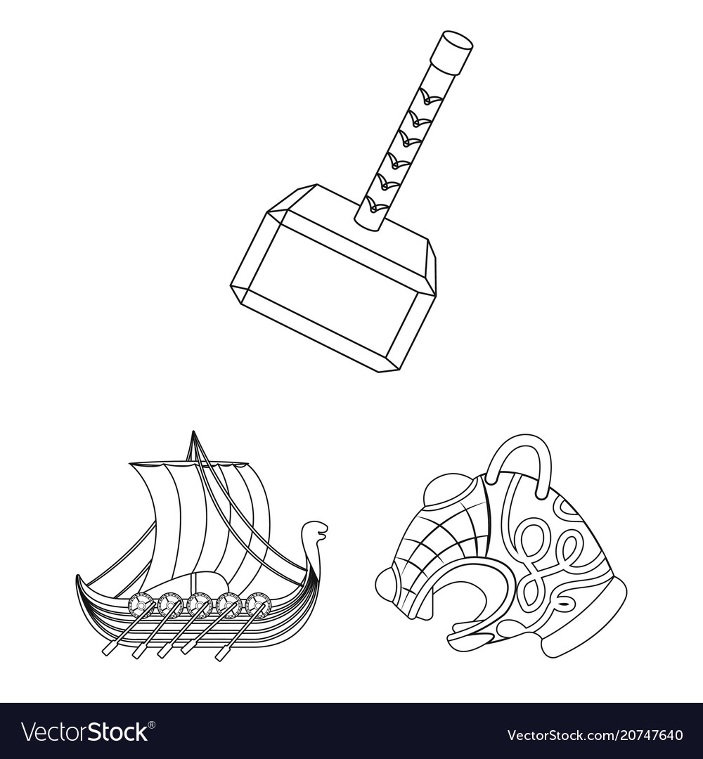 Vikings and attributes outline icons in set