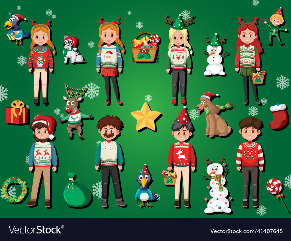 Different cartoon characters wearing christmas Vector Image