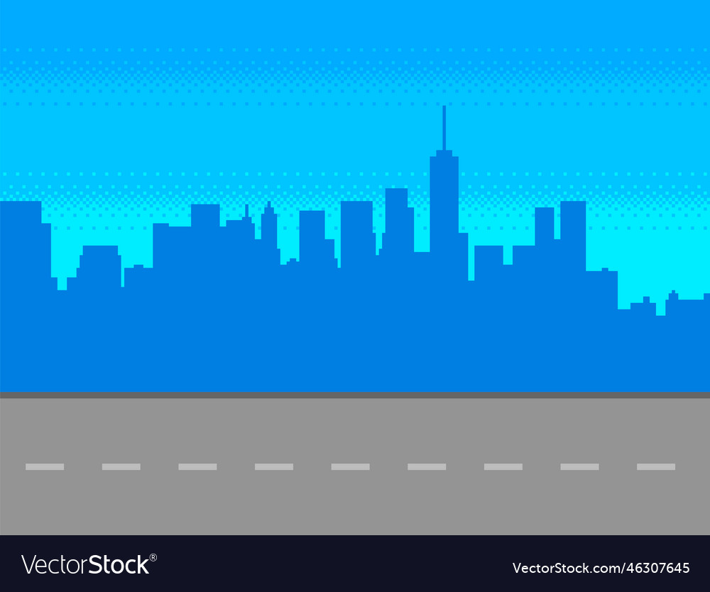 Pixel art game background with road and city Vector Image