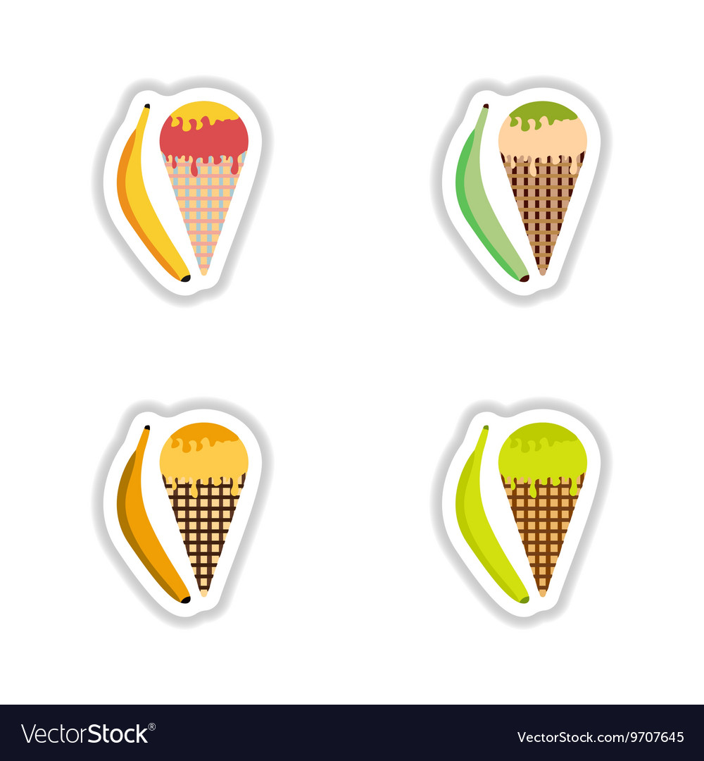 Set stylish paper stickers ice cream with banana