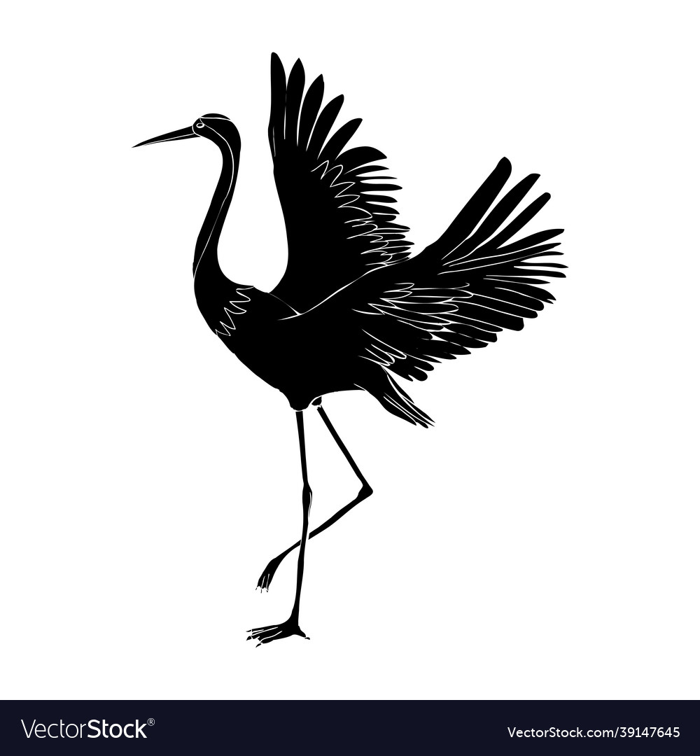 Silhouette of a flying crane on white background