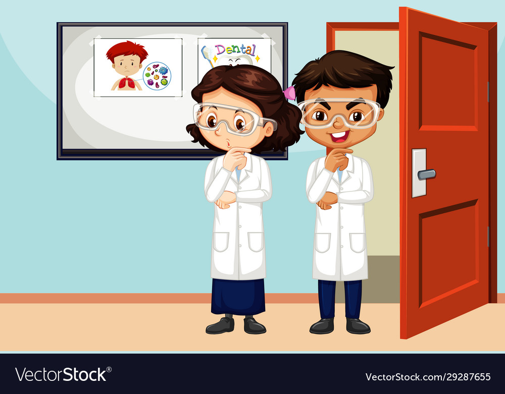 Classroom scene with two science students inside