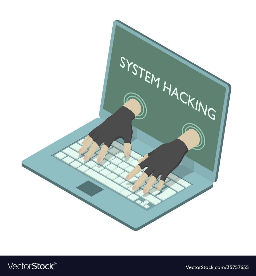 Impudent hacker is stealing data from laptop vector image Impudent hacker is stealing data from laptop