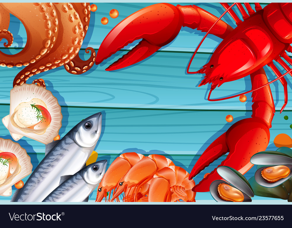 Set of seafood on wooden background Royalty Free Vector