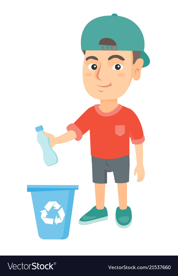 Boy throwing plastic bottle in recycle bin Vector Image