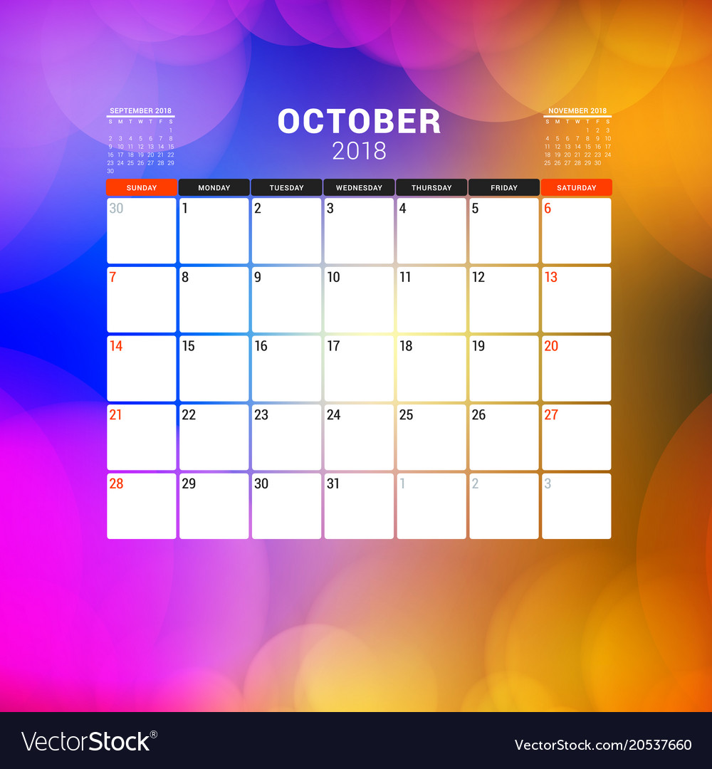 october 2018 calendar planner design template vector image