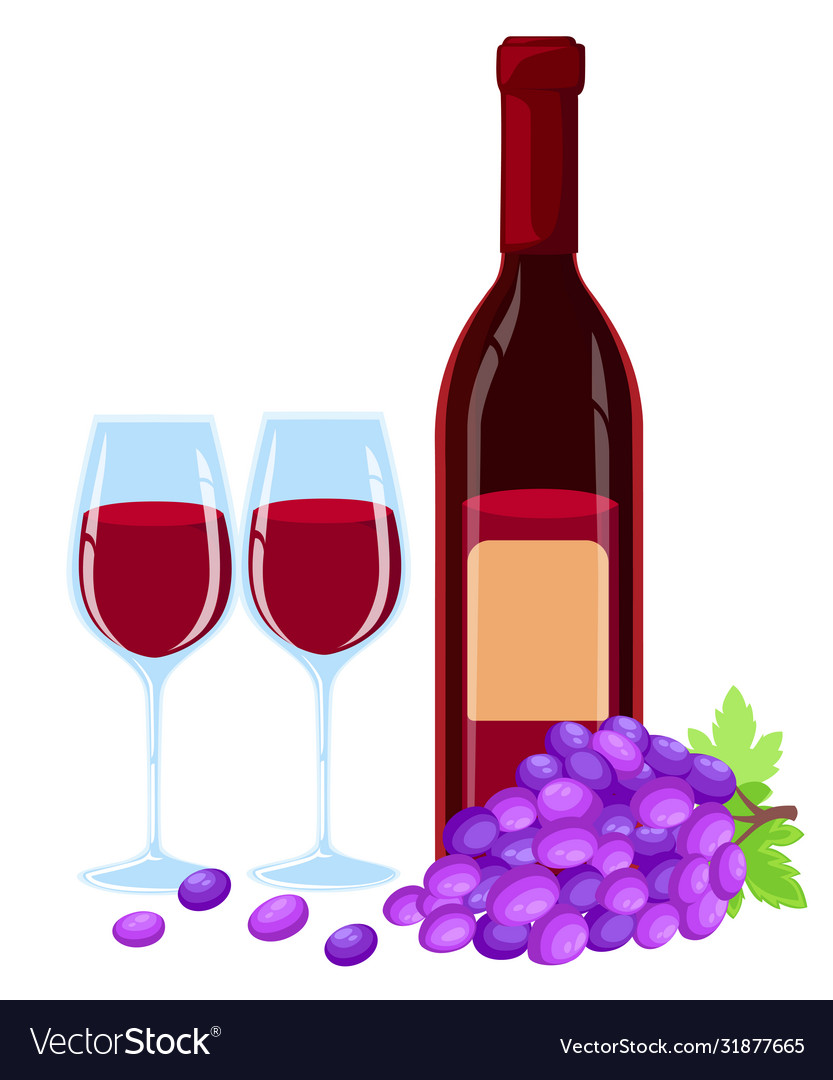 Grapes brunch with leaves wine glass and bottle Vector Image