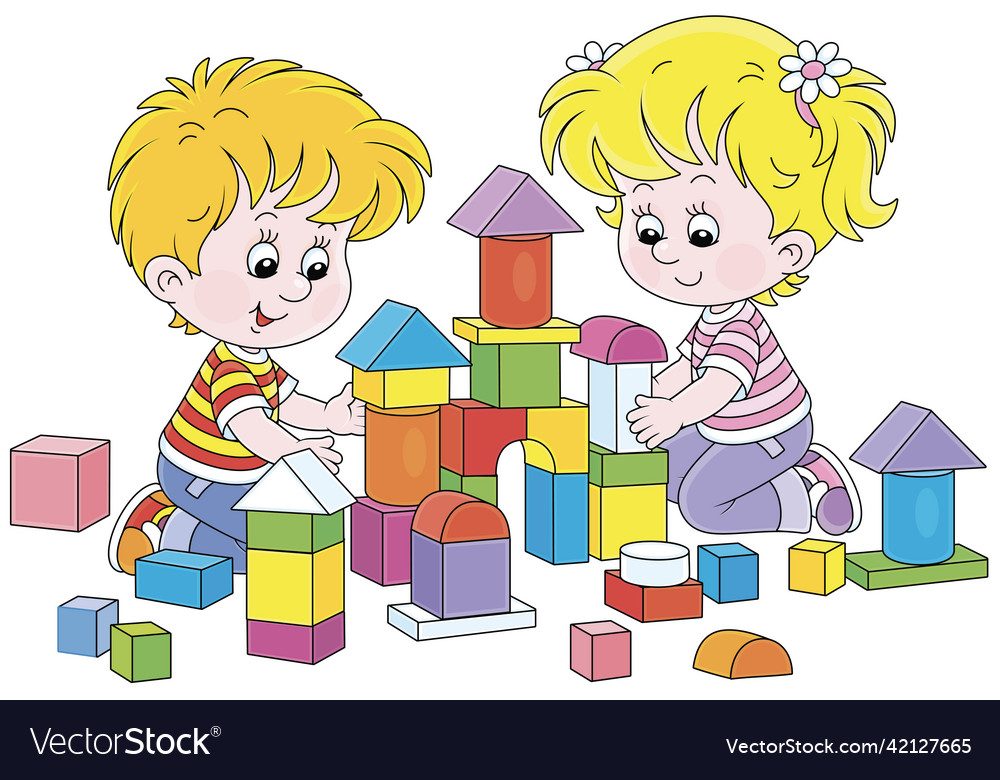 Little children playing with colorful bricks Vector Image