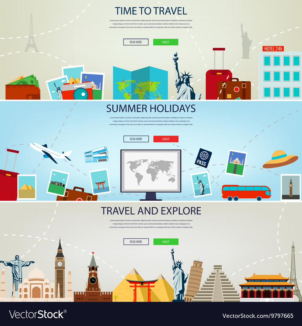 Three travel and tourism headers banners summer