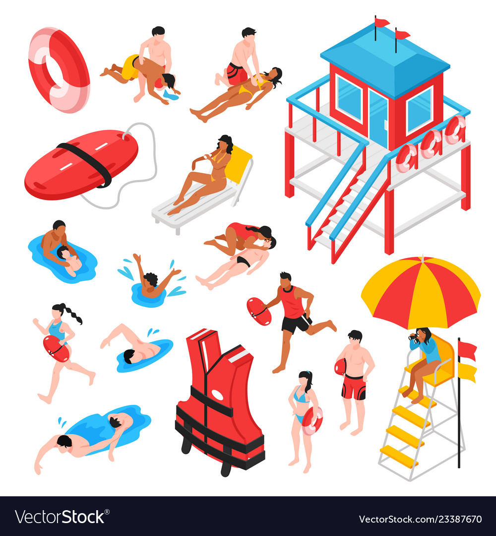 Beach lifeguard isometric set