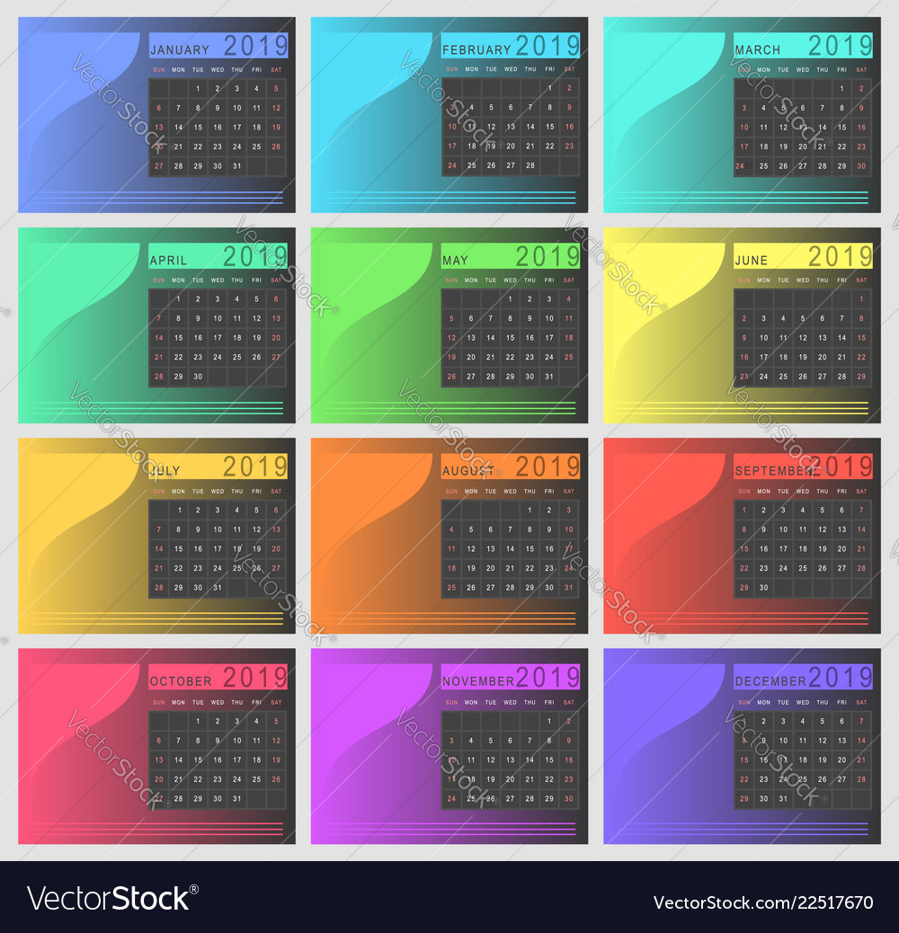 Colorful gradient new 2019 year calendar Vector Image