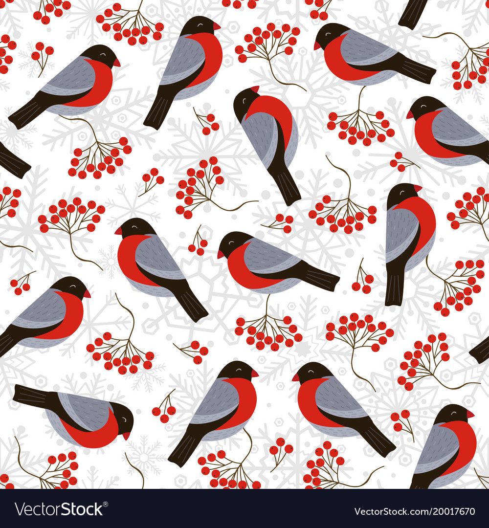 Seamless pattern with bullfinches and rowan