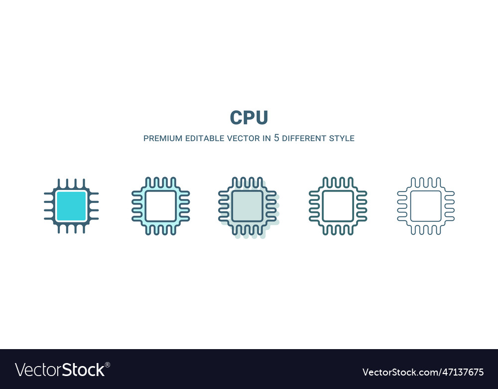 Cpu icon in 5 different style outline filled two