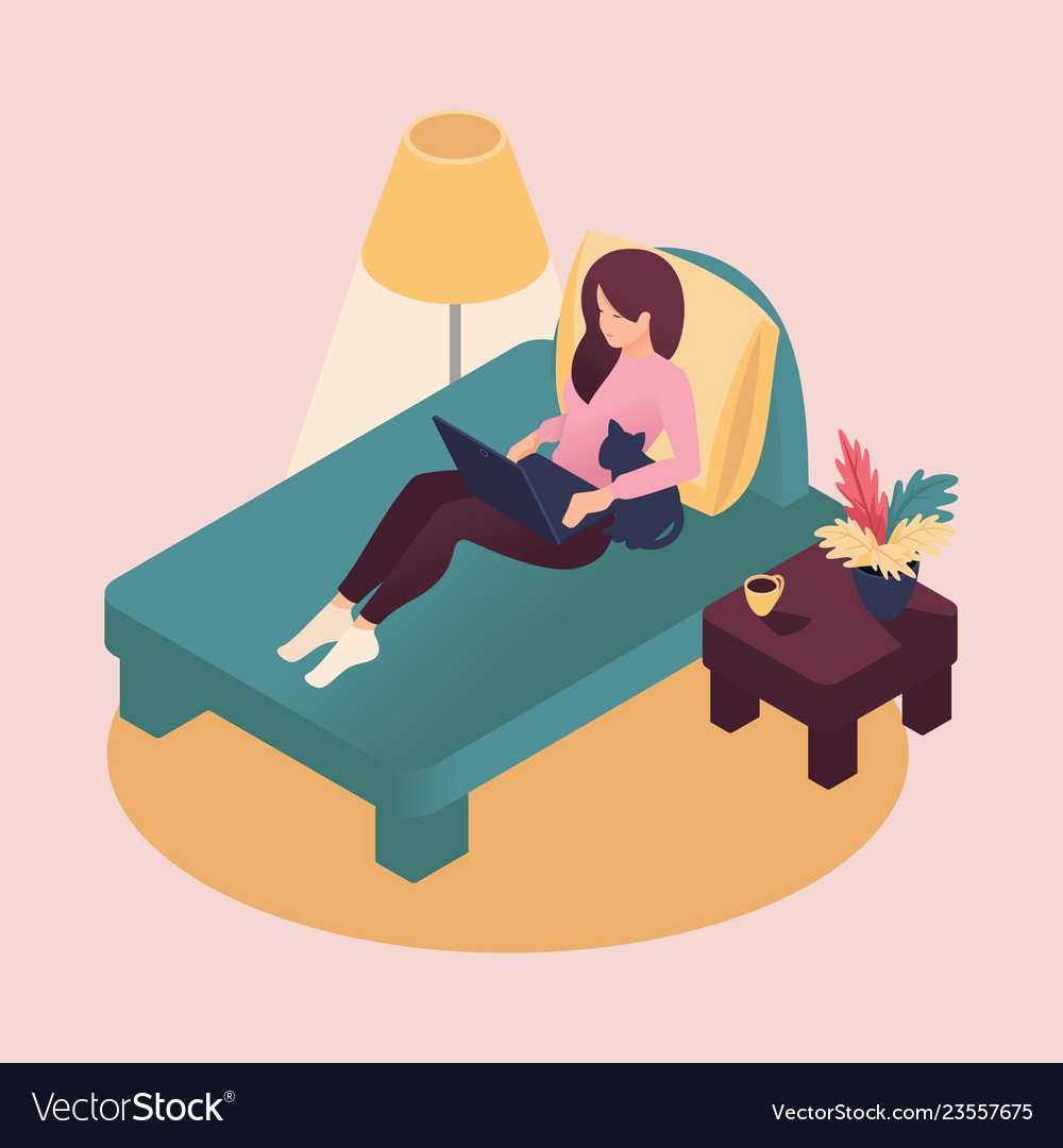 Isometric beautiful young woman at home