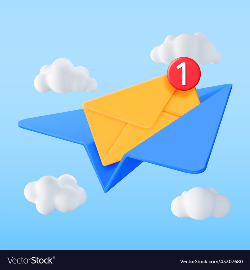 3d mail envelope in paper plane and notification vector image 3d mail envelope in paper plane and notification